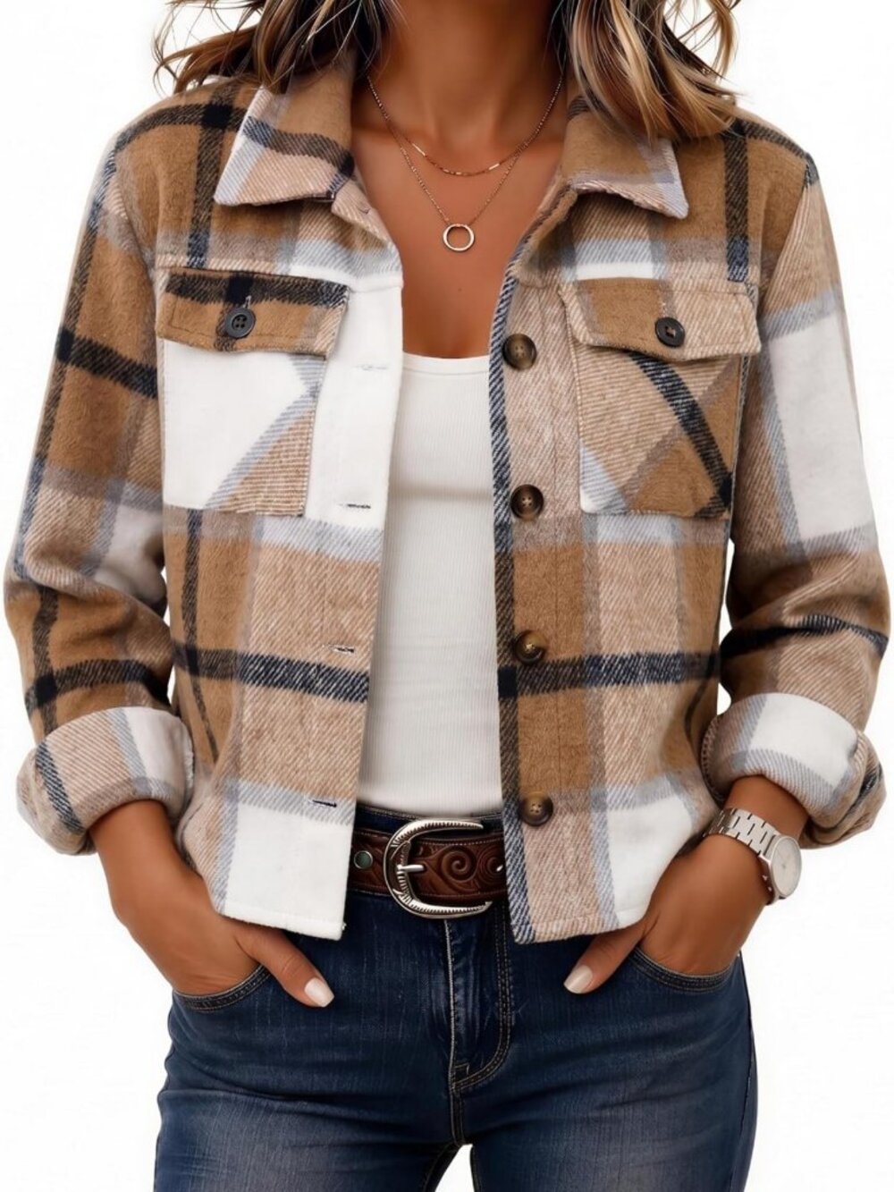 Cropped Plaid Shacket Jacket for Women | Trendy Fall Flannel Coat